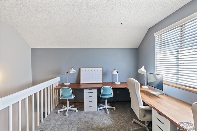 carpeted office space with vaulted ceiling and a textured ceiling