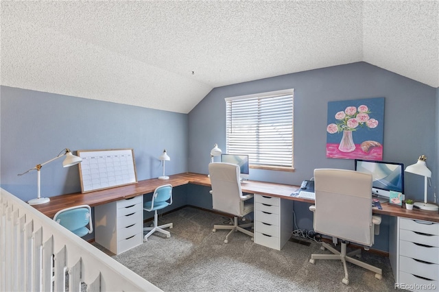 office featuring vaulted ceiling, a textured ceiling, and dark colored carpet