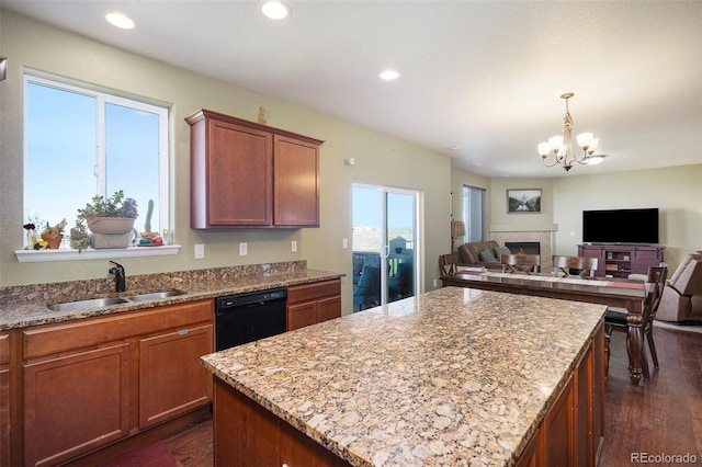 kitchen with a center island, a chandelier, sink, black dishwasher, and dark wood-type flooring