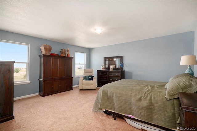 bedroom with a textured ceiling, light carpet, and multiple windows