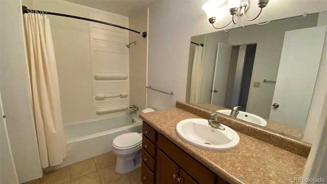 bathroom featuring tile patterned flooring, shower / bath combination with curtain, toilet, and vanity