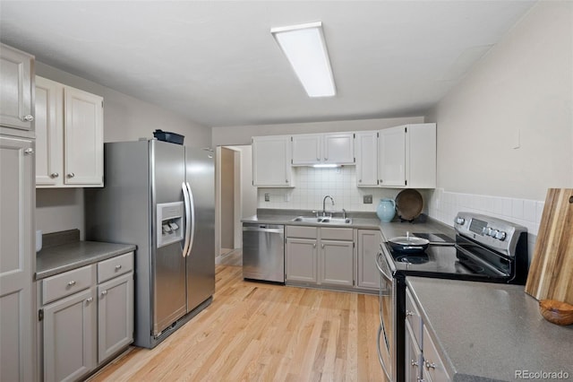 kitchen with stainless steel appliances, a sink, light wood-style floors, tasteful backsplash, and white cabinets
