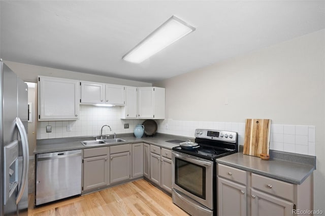 kitchen with stainless steel appliances, a sink, light wood-style floors, and backsplash