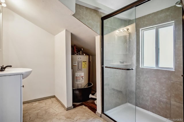 646 Maple St, Colorado Springs, CO 80903 - full bath featuring electric water heater, vanity, a shower stall, and vaulted ceiling