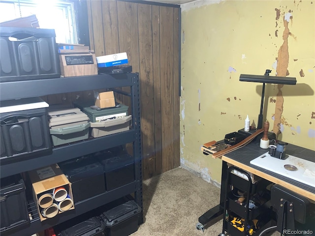 office area featuring carpet and wooden walls