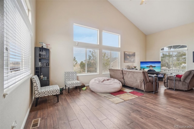 living room with hardwood / wood-style flooring and high vaulted ceiling