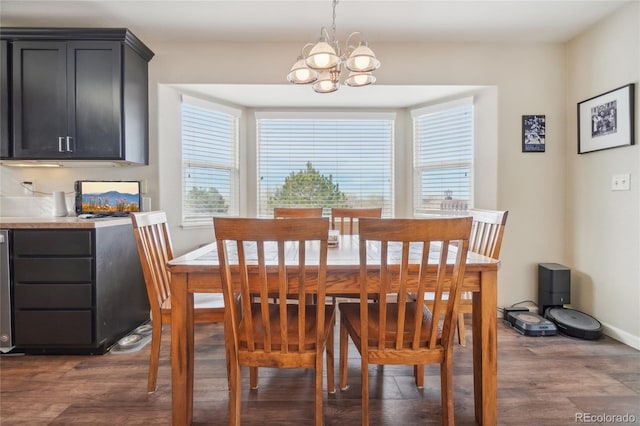 dining room with dark wood-type flooring and a notable chandelier