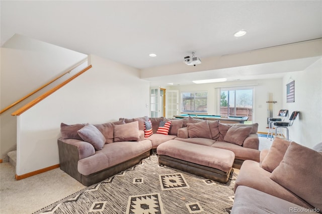 carpeted living room featuring billiards