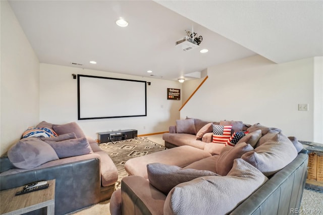 home theater featuring light carpet