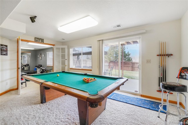 rec room with carpet and pool table