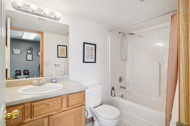 full bathroom with shower / bathtub combination with curtain, vanity, and toilet