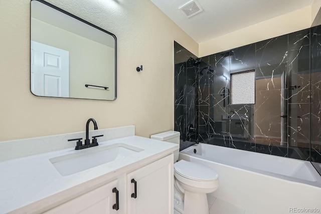 full bath with toilet, bathing tub / shower combination, vanity, and visible vents