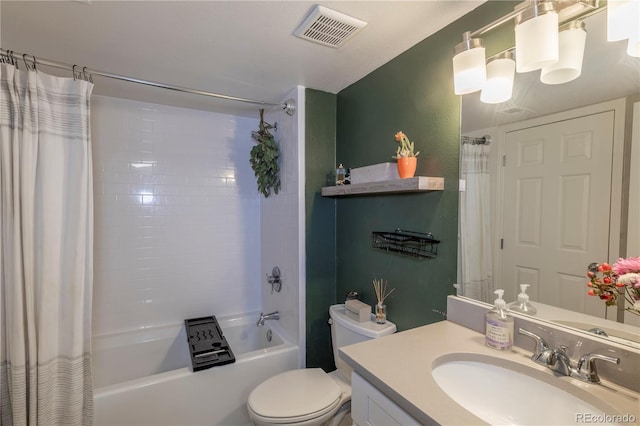 full bathroom featuring toilet, vanity, visible vents, and shower / bathtub combination with curtain