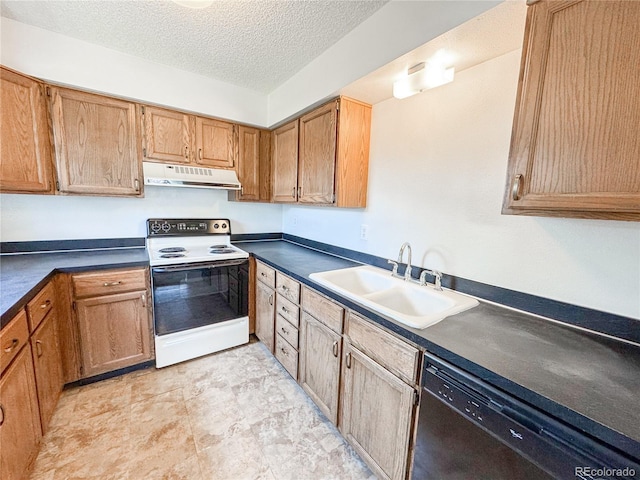 1700 S 6th Ave, Sterling, CO 80751 - kitchen featuring white range with electric stovetop, dishwasher, a sink, ventilation hood, and dark countertops