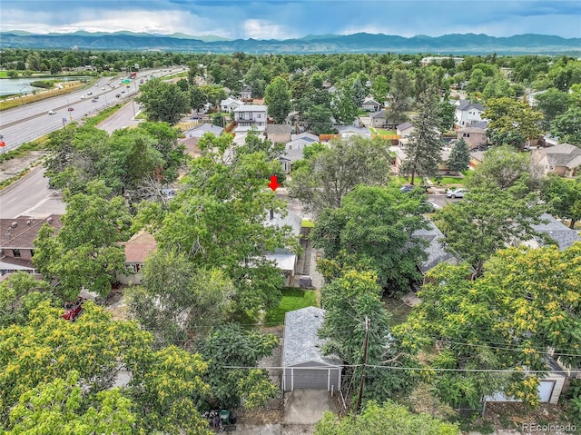 drone / aerial view featuring a mountain view