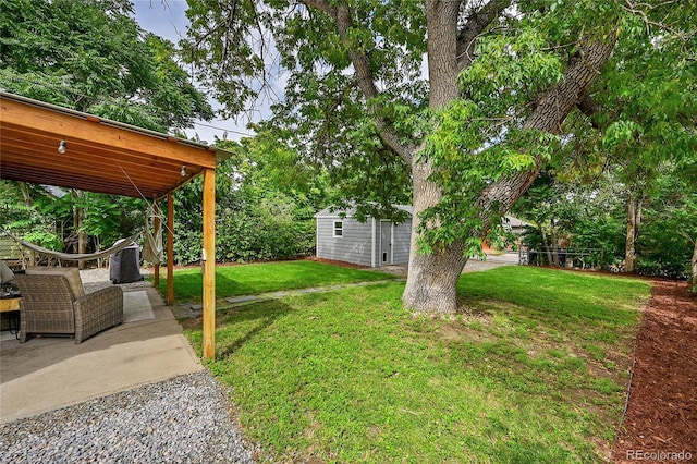 view of yard featuring an outbuilding and a patio area