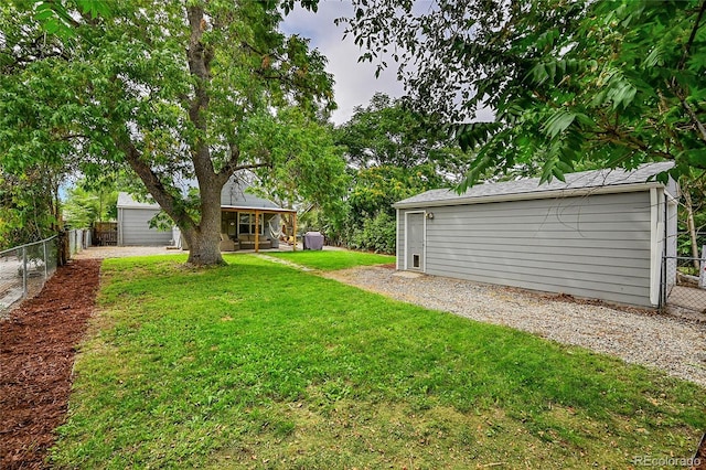 view of yard with an outbuilding and a fenced backyard