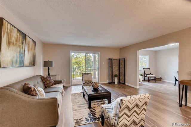 living room with light hardwood / wood-style floors and a textured ceiling