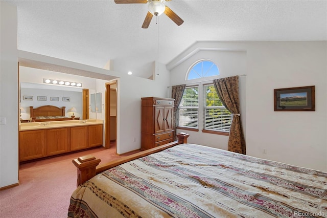 11366 Haswell Dr, Parker, CO 80134 - bedroom with lofted ceiling, light colored carpet, ensuite bath, a ceiling fan, and a textured ceiling