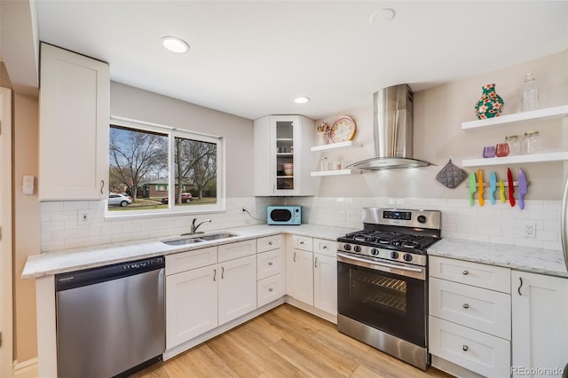 3237 N Milwaukee St Unit 8, Denver, CO 80205 - kitchen featuring stainless steel appliances, open shelves, a sink, wall chimney exhaust hood, and white cabinetry