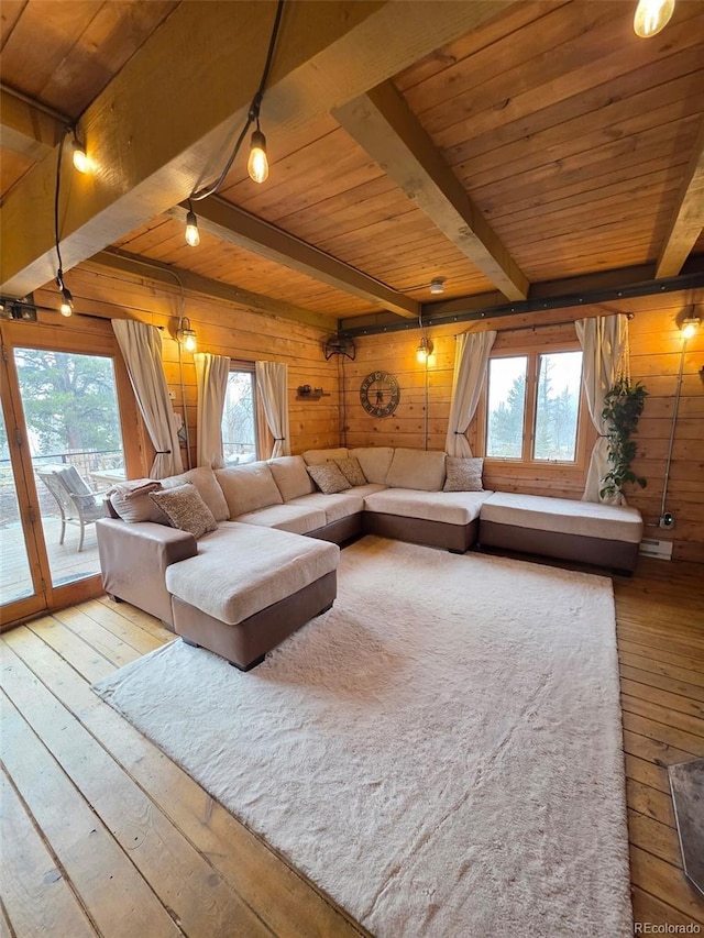 253 Bear Ln, Jefferson, CO 80456 - living area featuring wooden walls, hardwood / wood-style floors, a wooden ceiling with exposed beams, and plenty of natural light