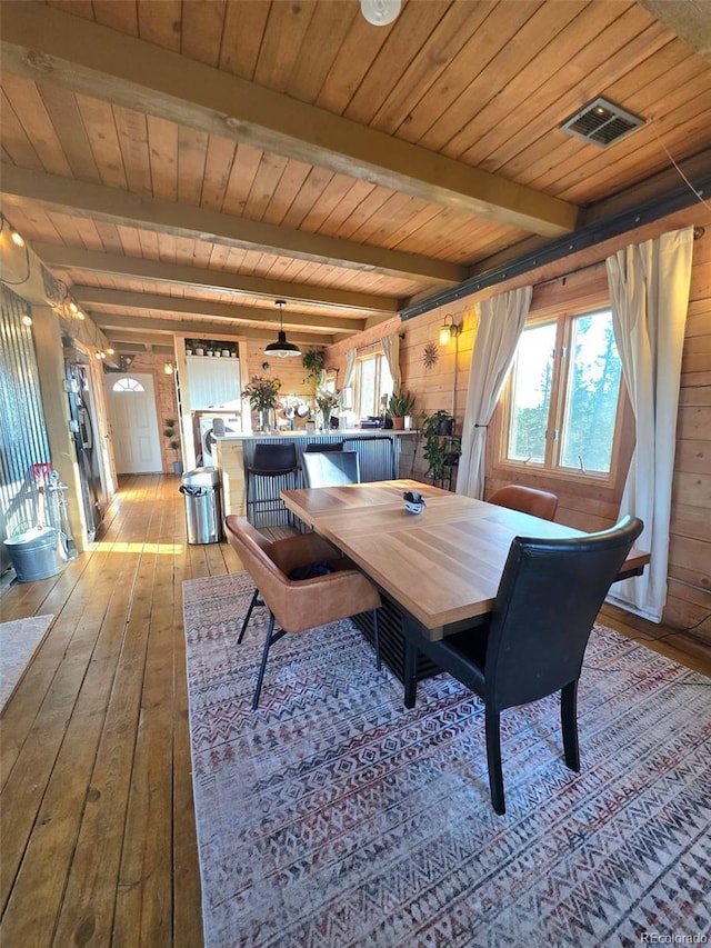 253 Bear Ln, Jefferson, CO 80456 - dining area featuring light wood-style flooring, plenty of natural light, a wood ceiling with exposed beams, and wooden walls