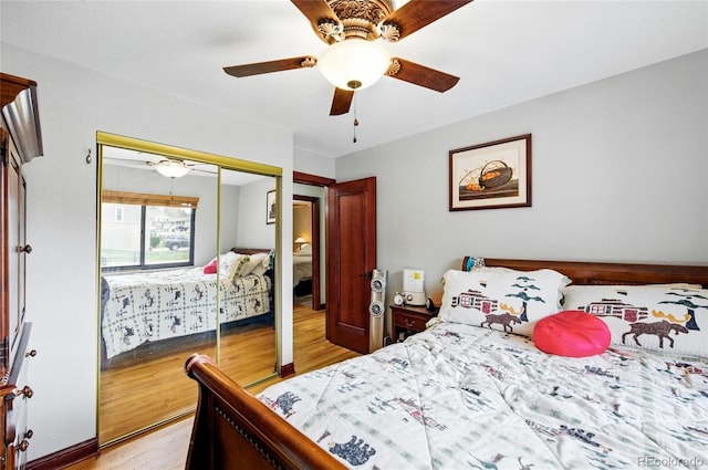 2140 S Youngfield St, Lakewood, CO 80228 - bedroom featuring light wood-style floors, ceiling fan, and a closet