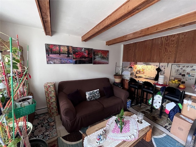 330 E Ln Bonte St Unit 2, Dillon, CO 80435 - living area with a baseboard radiator and beamed ceiling