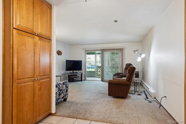 710 S Clinton St Unit 1A, Denver, CO 80247 - living area featuring light carpet, a baseboard radiator, light tile patterned floors, and a textured ceiling