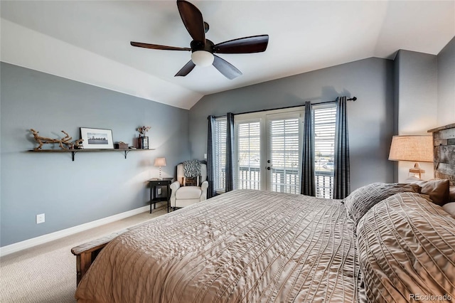 bedroom with carpet flooring, access to exterior, vaulted ceiling, baseboards, and a ceiling fan