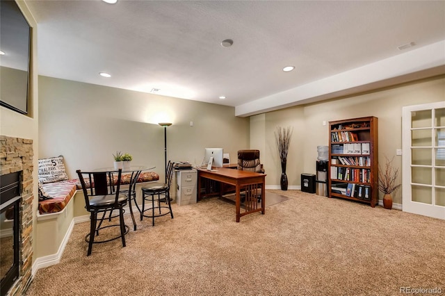 office featuring baseboards, carpet flooring, and recessed lighting