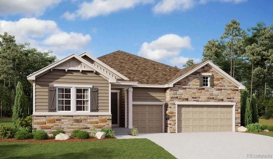 craftsman inspired home featuring roof with shingles, an attached garage, stone siding, concrete driveway, and a front lawn