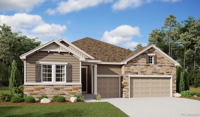 craftsman inspired home featuring roof with shingles, an attached garage, stone siding, concrete driveway, and a front lawn