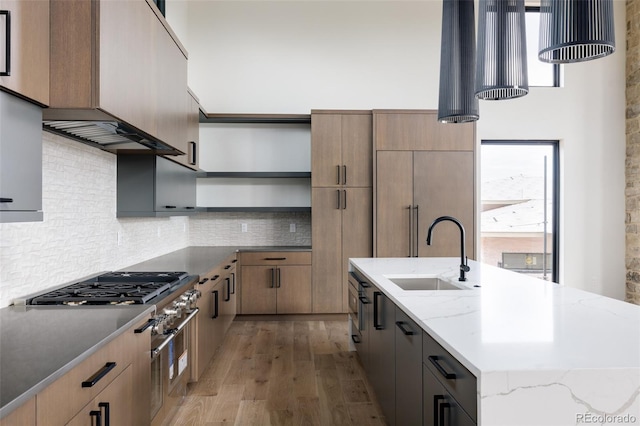 kitchen featuring decorative backsplash, light hardwood / wood-style flooring, double oven range, light stone countertops, and sink