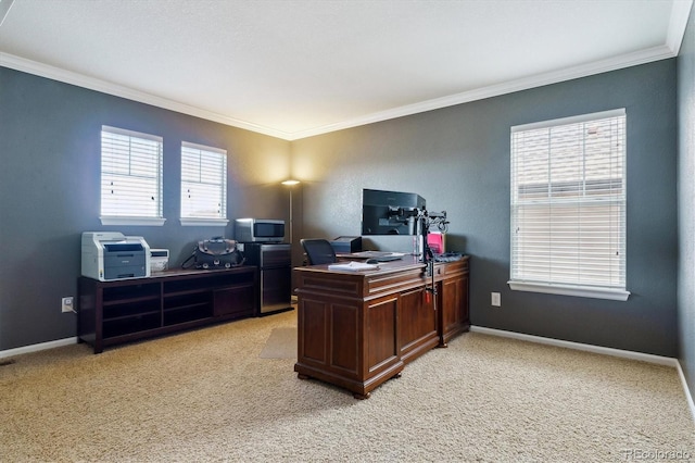 office area with ornamental molding, light colored carpet, and baseboards