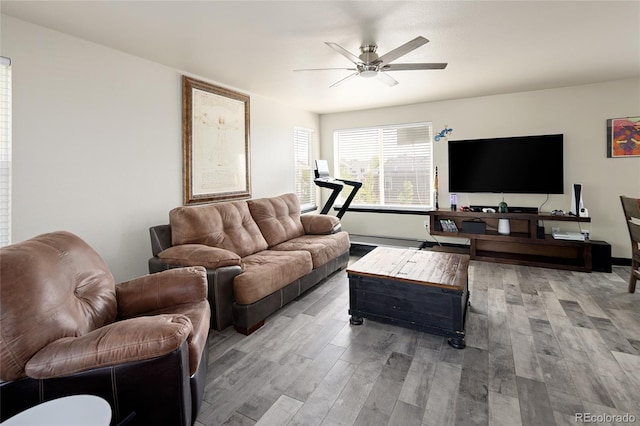 living room with ceiling fan and wood finished floors