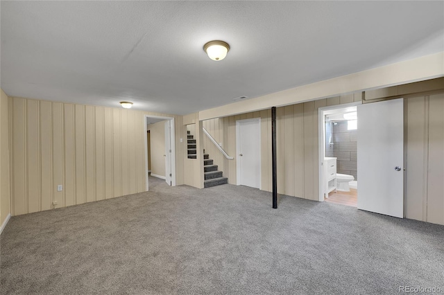 basement featuring light colored carpet and a textured ceiling