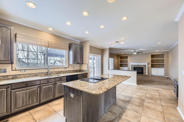 kitchen featuring black appliances, sink, built in features, a fireplace, and a kitchen island