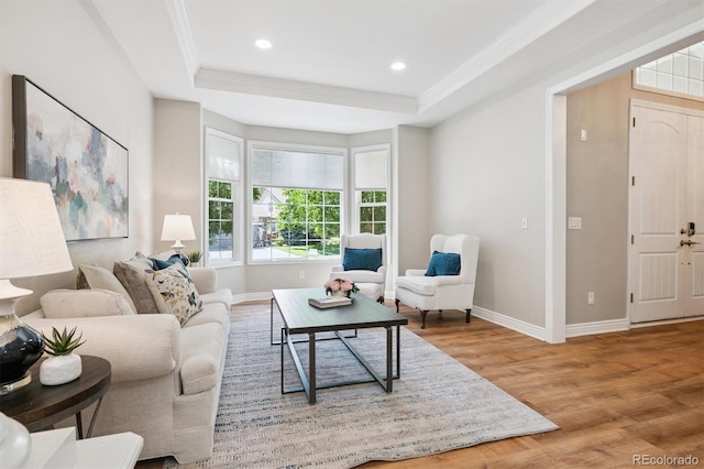 11911 E Lake Cir, Greenwood Village, CO 80111 - living room featuring wood finished floors, a tray ceiling, recessed lighting, and crown molding