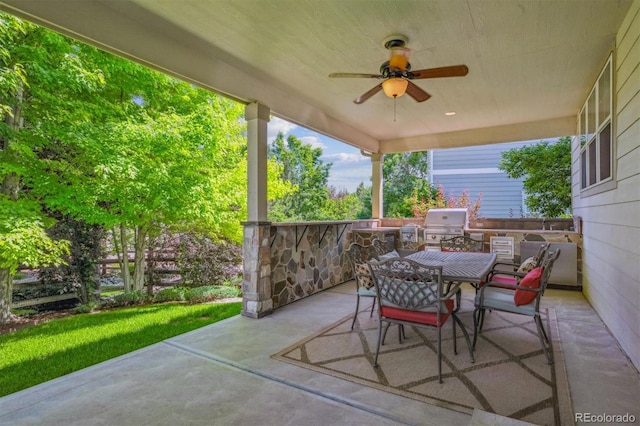 11911 E Lake Cir, Greenwood Village, CO 80111 - view of patio / terrace featuring exterior kitchen, outdoor dining area, and ceiling fan