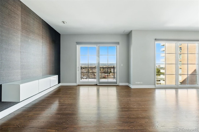 unfurnished room featuring wood finished floors, baseboards, and a wealth of natural light