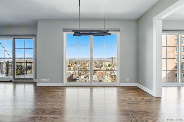 unfurnished dining area featuring baseboards and wood finished floors