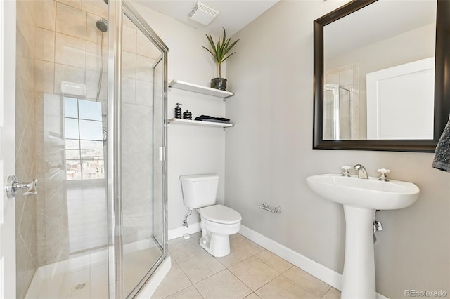 full bathroom featuring baseboards, visible vents, a stall shower, tile patterned floors, and toilet