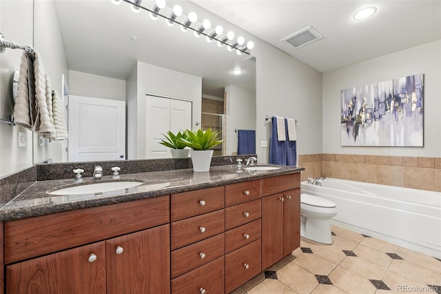 full bath featuring tile patterned floors, visible vents, a garden tub, a stall shower, and a sink