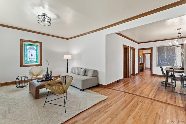 3039 W 22nd Ave, Denver, CO 80211 - living room with light wood-type flooring, a chandelier, and ornamental molding
