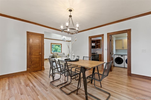 3039 W 22nd Ave, Denver, CO 80211 - dining room with a chandelier, light wood-style flooring, washer and dryer, and crown molding