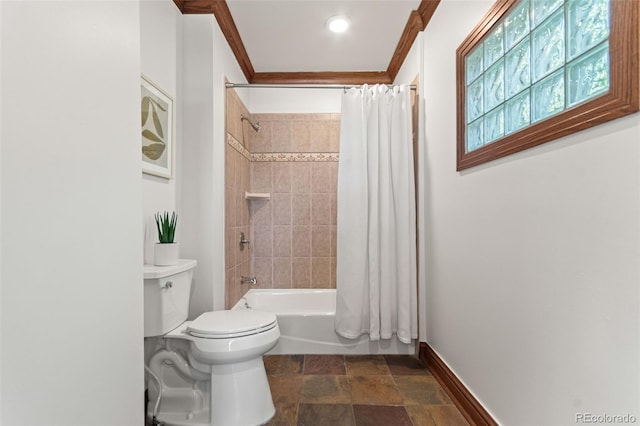 3039 W 22nd Ave, Denver, CO 80211 - full bathroom featuring shower / tub combo with curtain, ornamental molding, and stone finish flooring