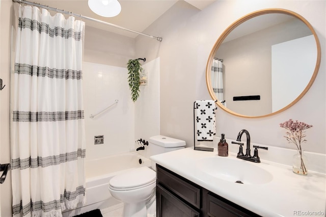 full bathroom with vanity, shower / bath combination with curtain, toilet, and tile patterned floors