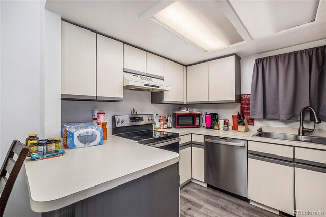 kitchen with white cabinetry, light hardwood / wood-style flooring, stainless steel dishwasher, and sink