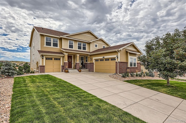 craftsman-style home with an attached garage, brick siding, driveway, and a front lawn